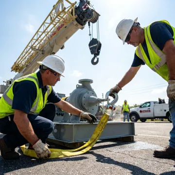 Crane crew preparing rigging before a lift