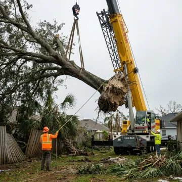 Crane removing a storm-damaged tree in Florida
