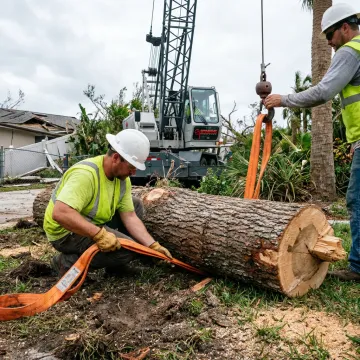 Crane crew rigging a fallen tree for removal