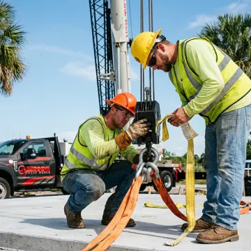 Crane crew preparing rigging before a heavy lift
