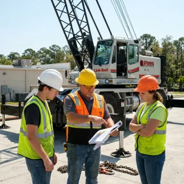 Crane operator and riggers planning a heavy lift