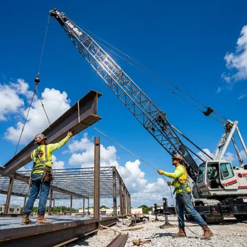 Crane lifting structural steel on a Florida construction site