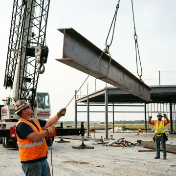 Crane crew coordinating a steel erection lift