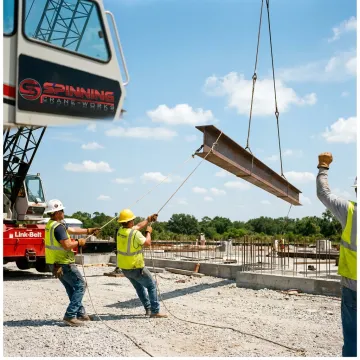 Crane crew coordinating a steel erection lift