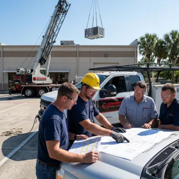 Crane crew preparing a mechanical equipment lift