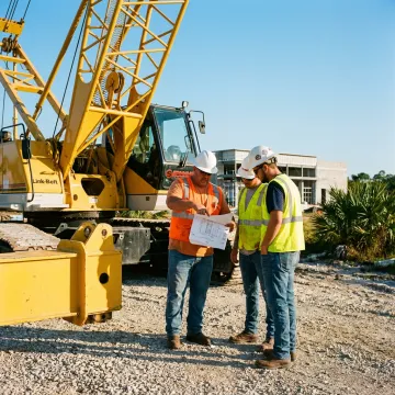Crane operator and rigging crew planning a safe lift
