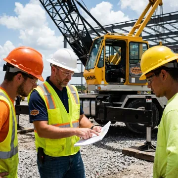 Crane crew reviewing a lift plan on site