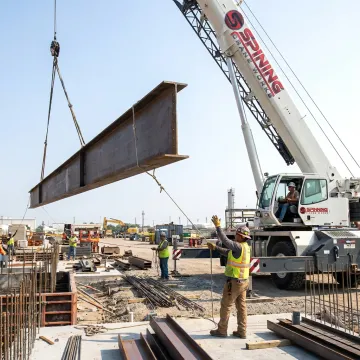 Crane operator guiding a commercial rigging lift