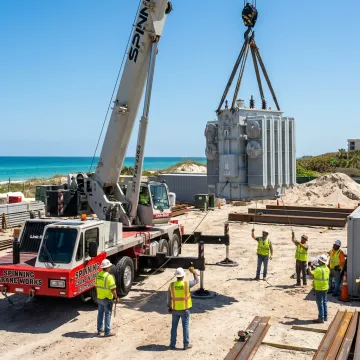 Crane lifting heavy equipment on a Florida job site
