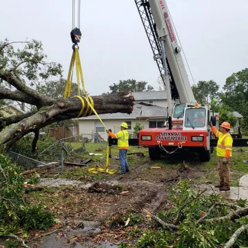 Crane removing fallen tree from Orlando home