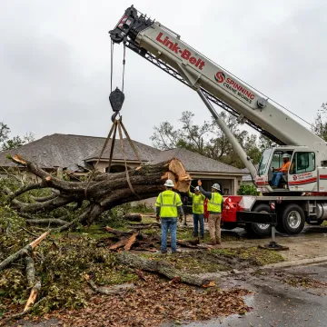 Crane crew rigging a hazardous fallen tree