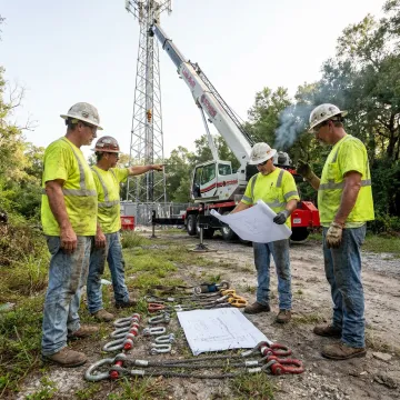 Crane crew preparing cell tower rigging