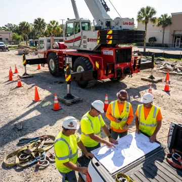 Crane crew preparing a heavy equipment lift