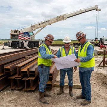 Crane crew planning a steel lift