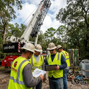Telecom crew planning a cell tower crane lift