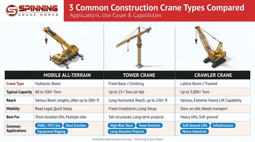 Three common construction crane types comparison chart with applications and use cases