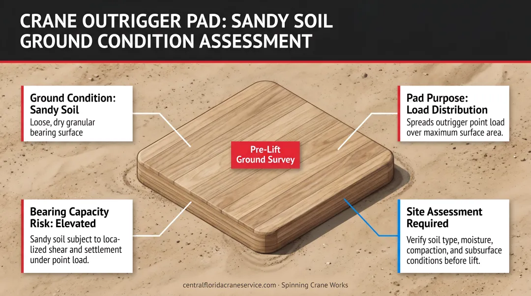 Crane outrigger pad on sandy soil job site showing ground condition assessment
