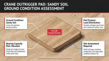 Crane outrigger pad on sandy soil job site showing ground condition assessment