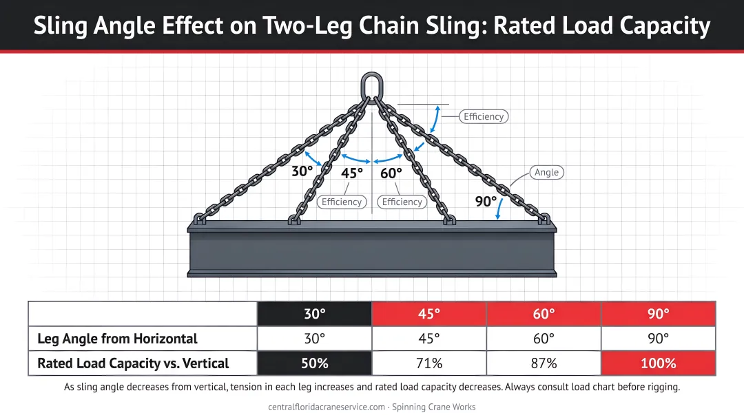 Sling angle effect on rated load capacity two-leg chain sling comparison