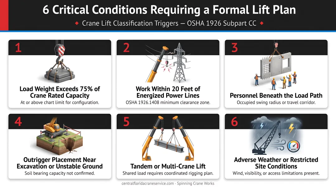 Six critical lift trigger conditions requiring formal lift plan classification