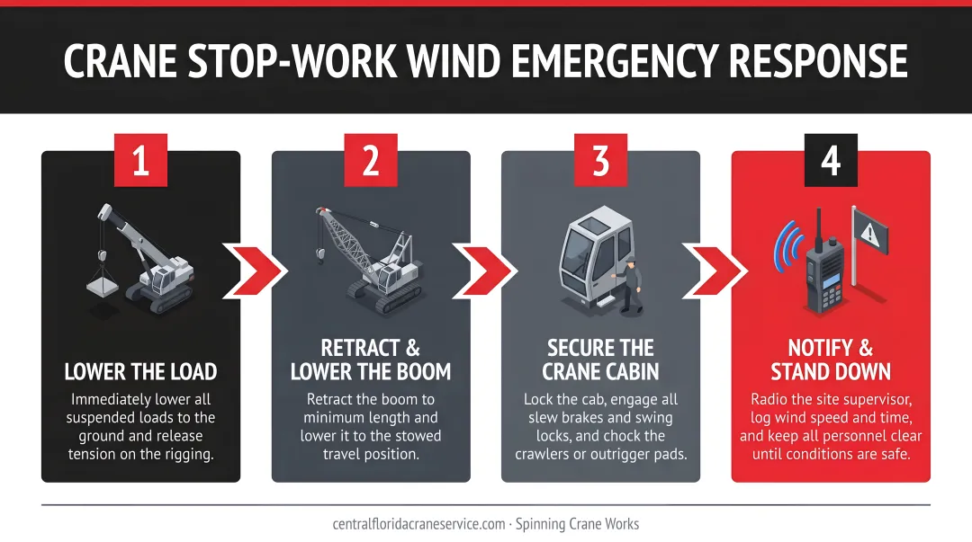4-step crane stop-work wind emergency response sequence process flow diagram