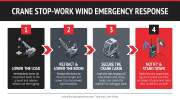 4-step crane stop-work wind emergency response sequence process flow diagram