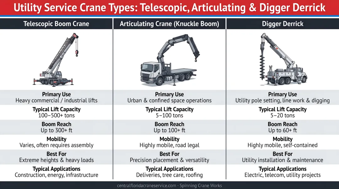 Three utility service crane types comparison telescopic articulating and digger derrick