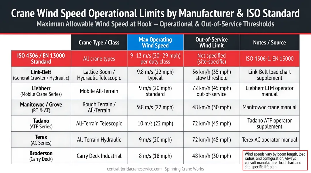 Crane type wind speed operational limits comparison chart by manufacturer and ISO standard