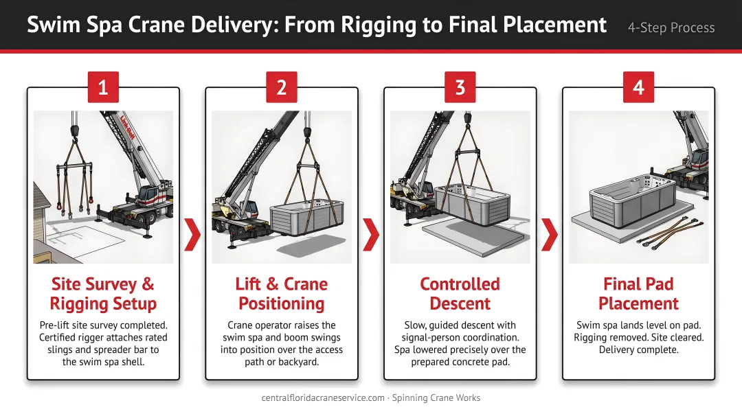 4-step swim spa crane delivery process from rigging to final pad placement
