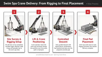 4-step swim spa crane delivery process from rigging to final pad placement