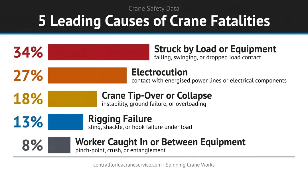 Five leading causes of crane fatality deaths by percentage breakdown infographic