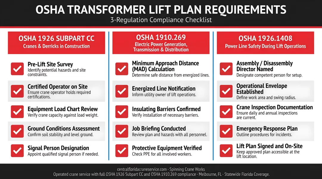OSHA transformer lift plan requirements three-regulation compliance checklist infographic