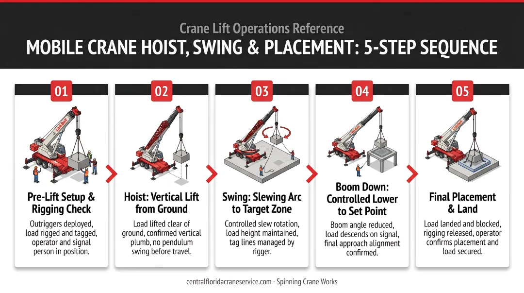Five-step mobile crane hoist swing and structure placement sequence process flow