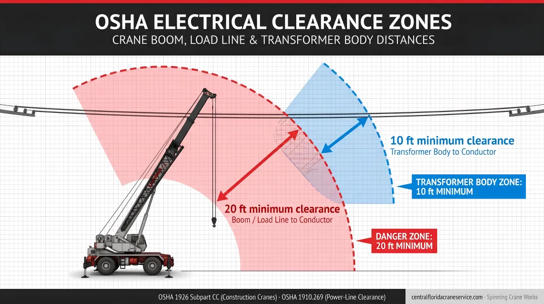 OSHA crane electrical clearance zones showing boom load line and transformer body distances