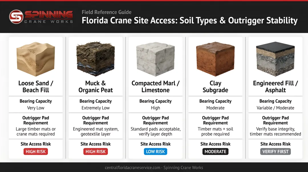 Florida utility crane site access challenges soil types and outrigger stability requirements