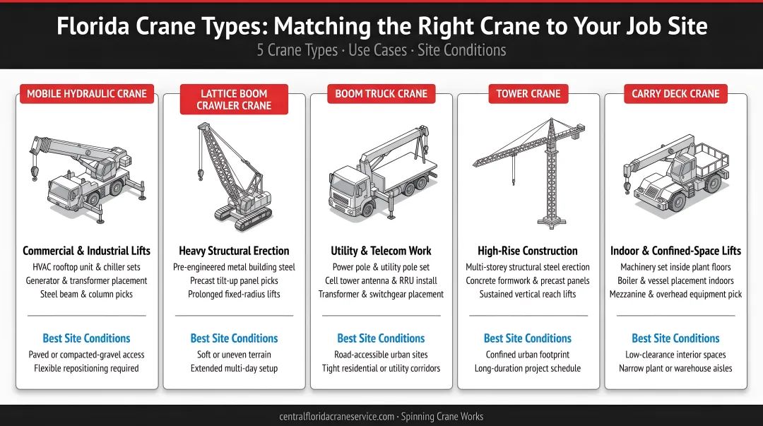 Five Florida crane types matched to construction use cases and site conditions