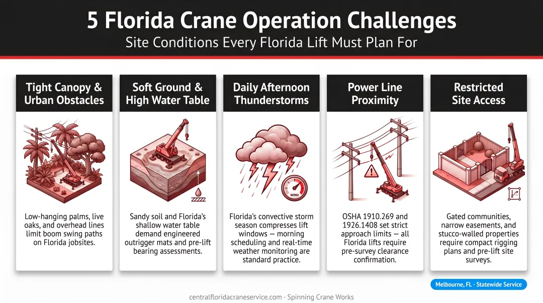 Five Florida-specific crane operation challenges infographic with site condition icons