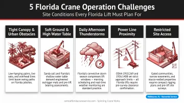 Five Florida-specific crane operation challenges infographic with site condition icons