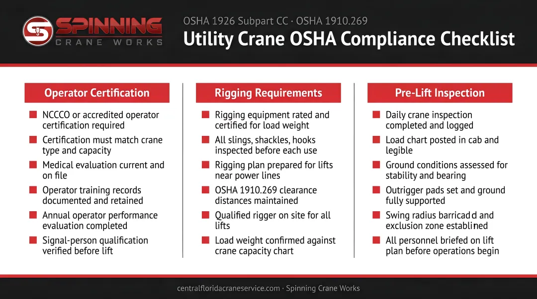 Utility crane OSHA compliance checklist operator certification rigging and inspection requirements
