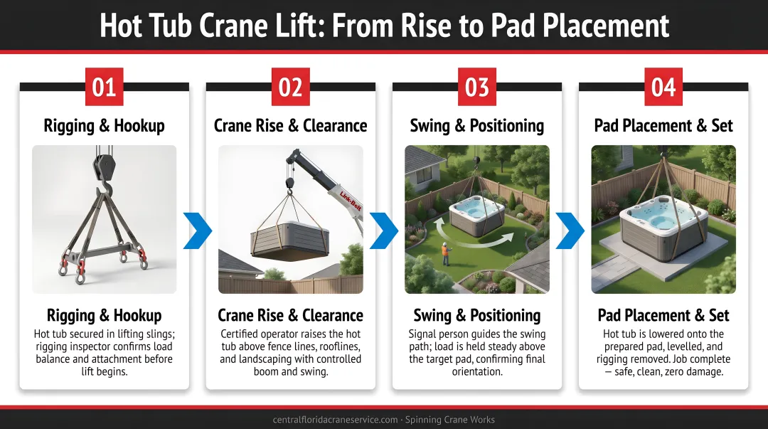 Four-step crane hot tub lift sequence from rise to pad placement process flow
