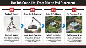 Four-step crane hot tub lift sequence from rise to pad placement process flow