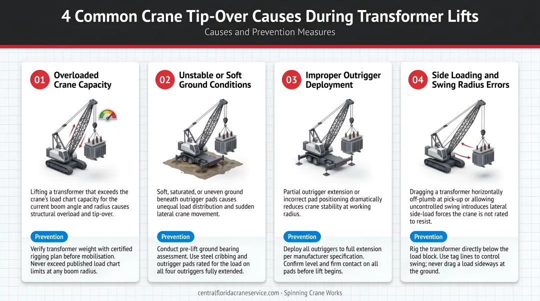 Four common crane tip-over causes during transformer lifts with prevention measures