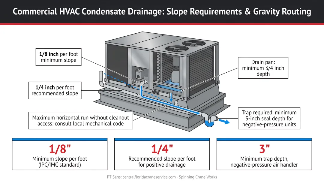 Commercial HVAC condensate drainage slope requirements and gravity routing diagram