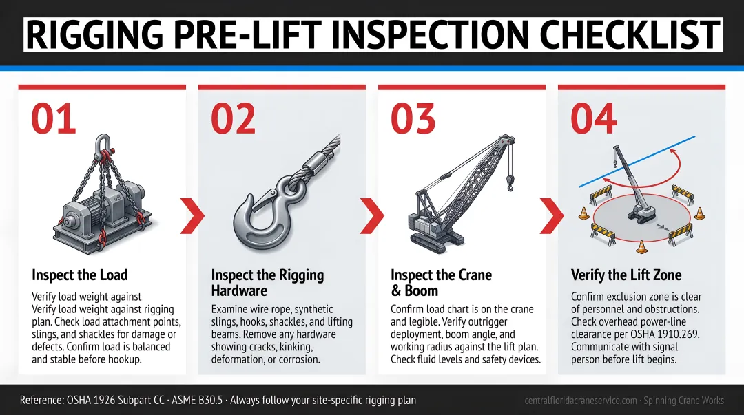 Four-step pre-lift rigging inspection checklist process flow infographic