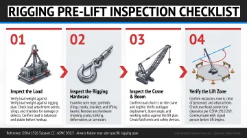 Four-step pre-lift rigging inspection checklist process flow infographic