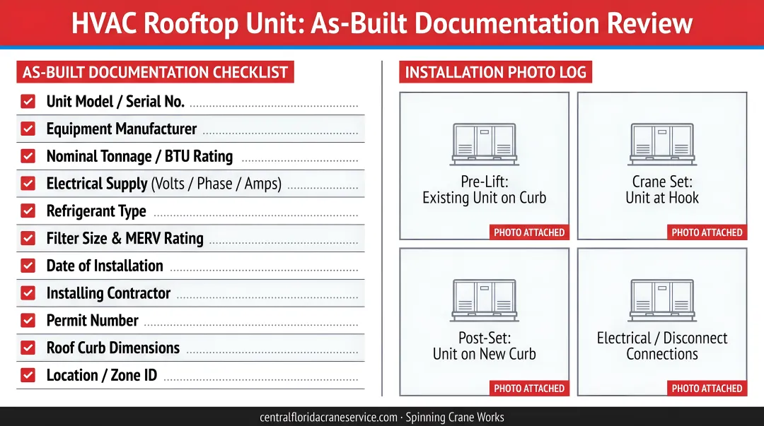 HVAC technician reviewing rooftop unit as-built documentation with installation photographs