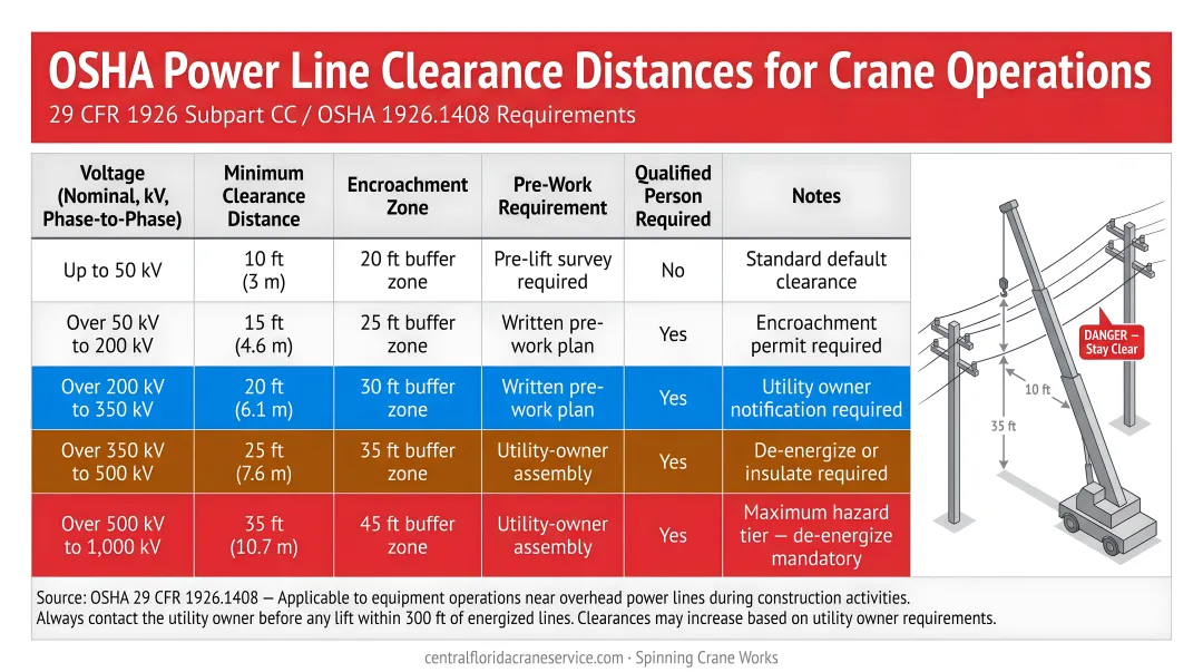 OSHA crane power line clearance distances by voltage level visual chart