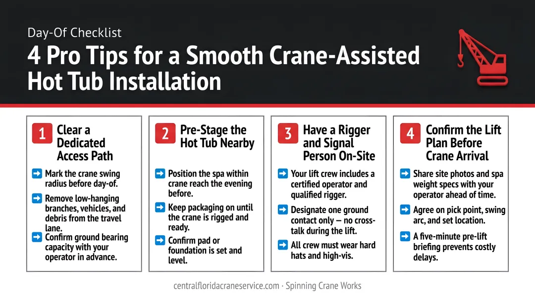 Four pro tips for smooth crane-assisted hot tub installation day checklist