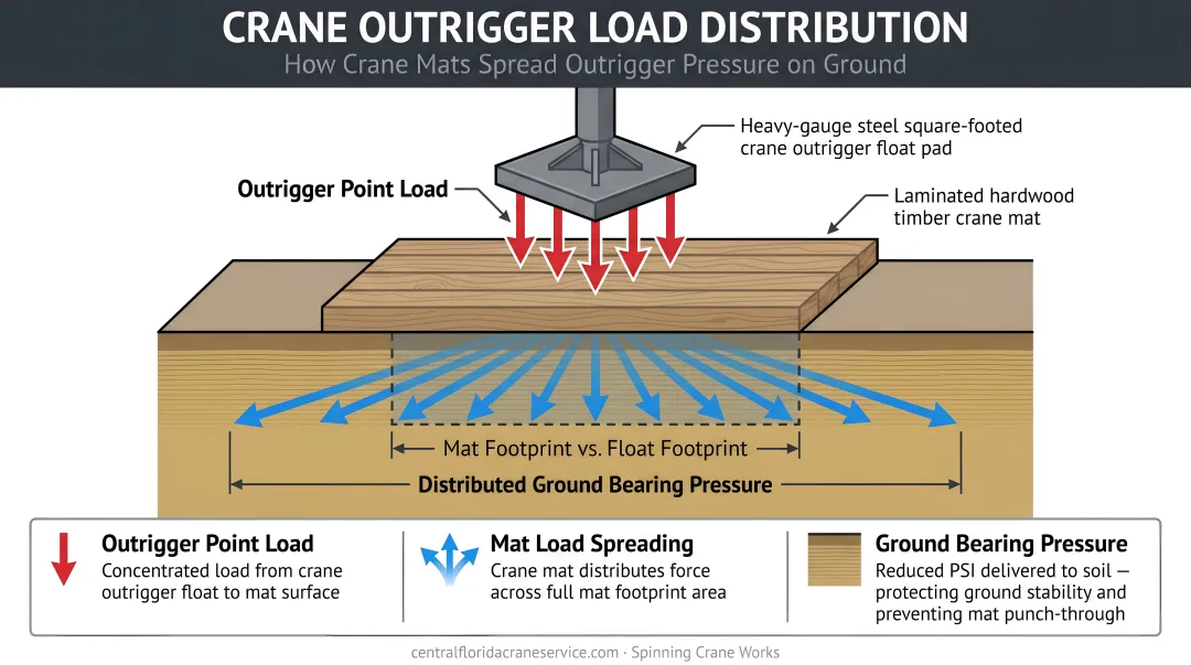 Crane outrigger load distribution diagram showing crane mat pressure spreading on ground