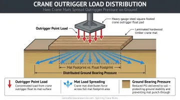 Crane outrigger load distribution diagram showing crane mat pressure spreading on ground
